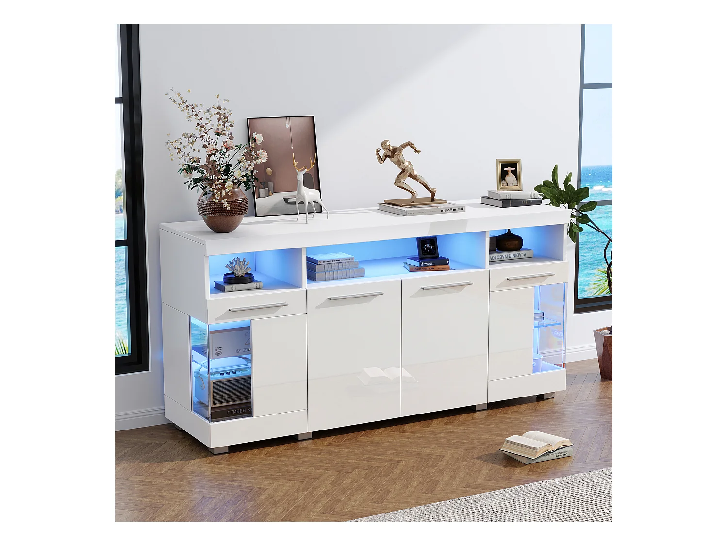 Buffet moderno con LED - 4 puertas y 9 compartimentos de almacenamiento - MDF + vidrio templado transparente - Blanco