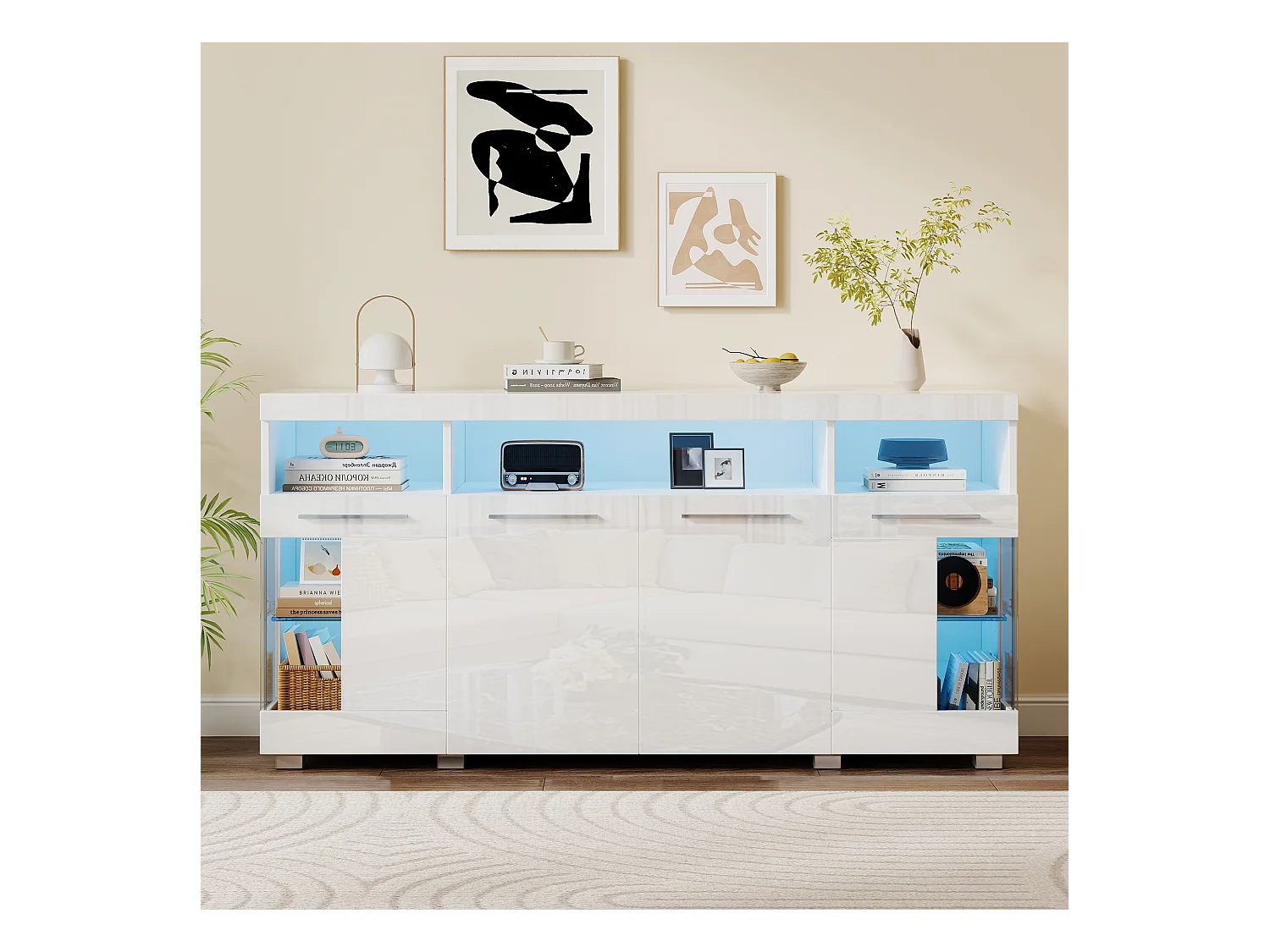 Buffet moderno con LED - 4 puertas y 9 compartimentos de almacenamiento - MDF + vidrio templado transparente - Blanco