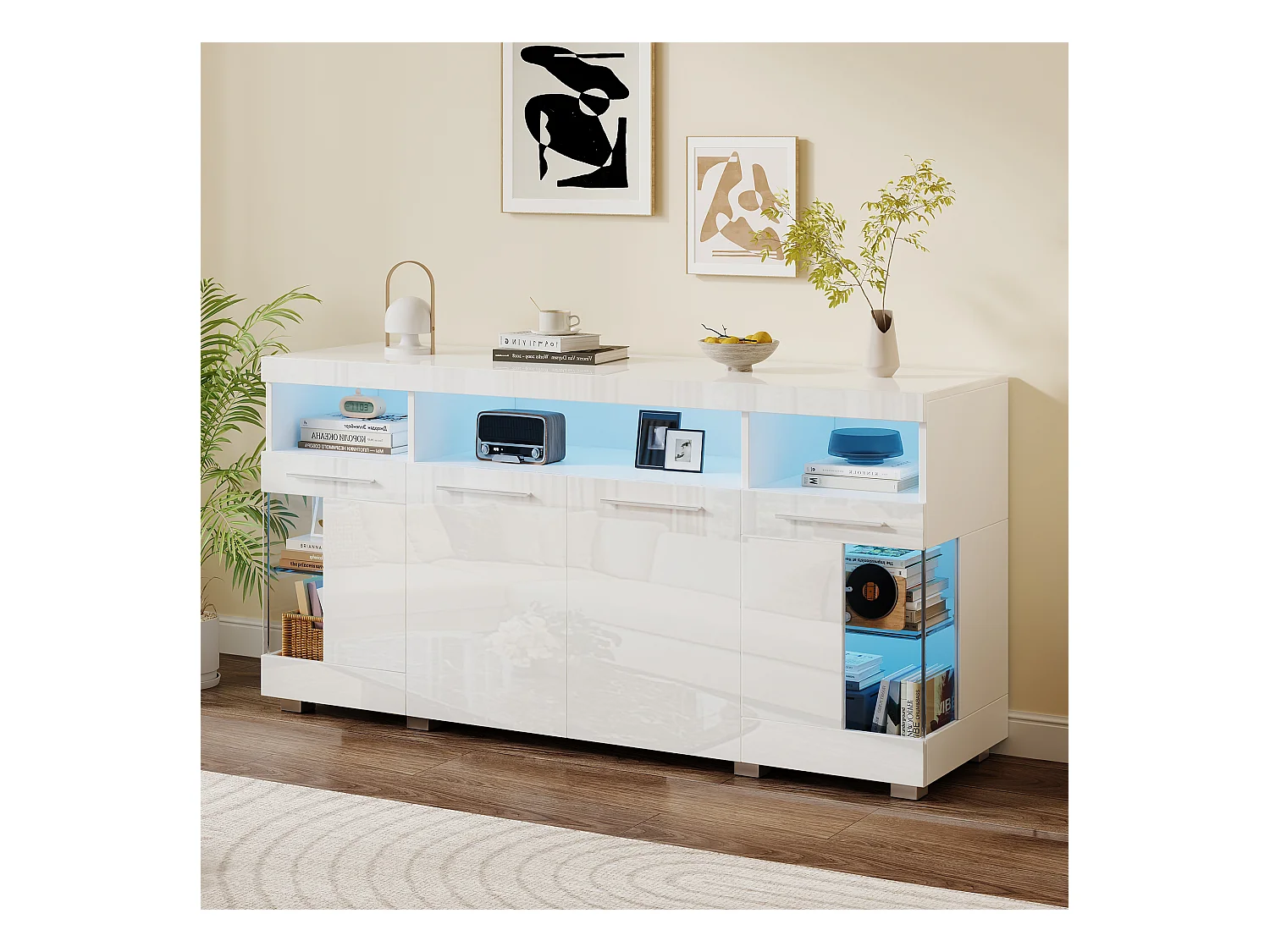 Buffet moderno con LED - 4 puertas y 9 compartimentos de almacenamiento - MDF + vidrio templado transparente - Blanco