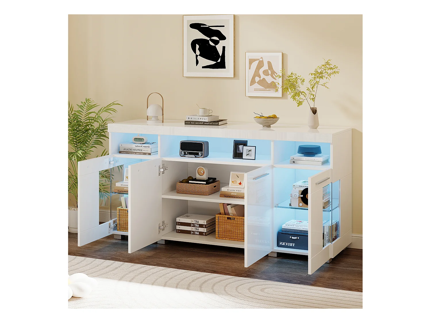 Buffet moderno con LED - 4 puertas y 9 compartimentos de almacenamiento - MDF + vidrio templado transparente - Blanco