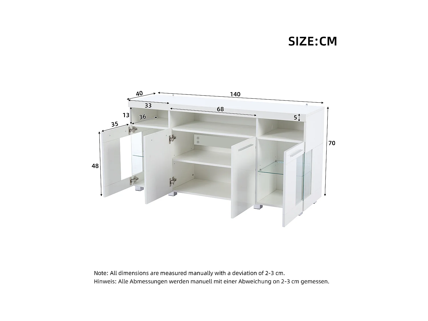 Buffet moderno con LED - 4 puertas y 9 compartimentos de almacenamiento - MDF + vidrio templado transparente - Blanco