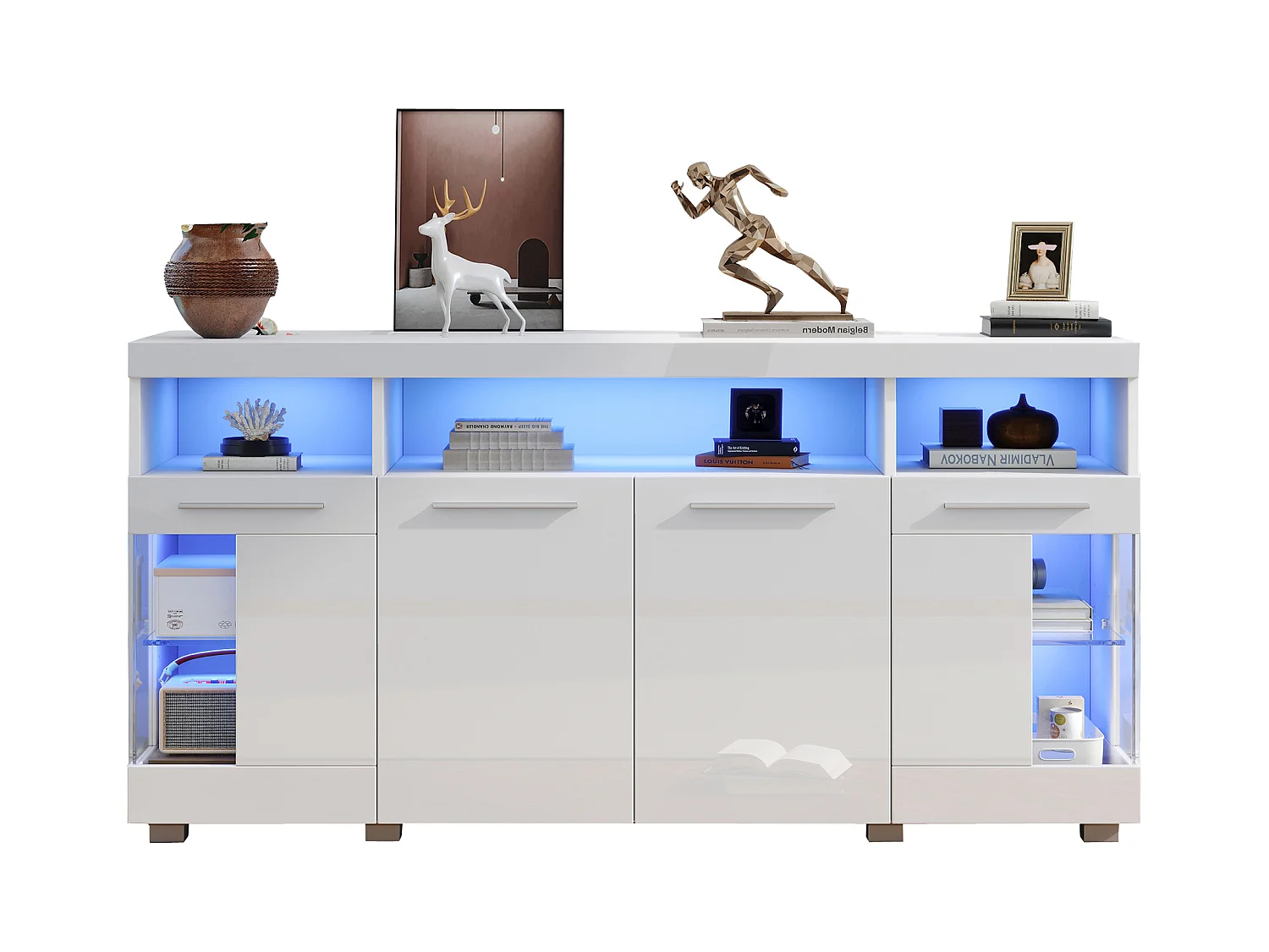 Buffet moderno con LED - 4 puertas y 9 compartimentos de almacenamiento - MDF + vidrio templado transparente - Blanco