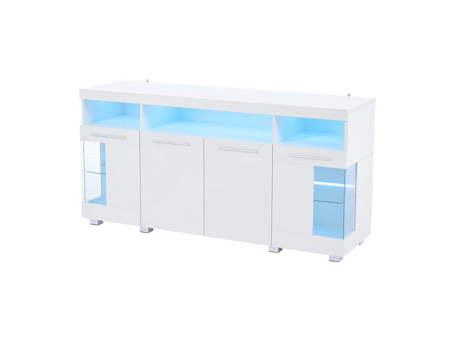 Buffet moderno con LED - 4 puertas y 9 compartimentos de almacenamiento - MDF + vidrio templado transparente - Blanco