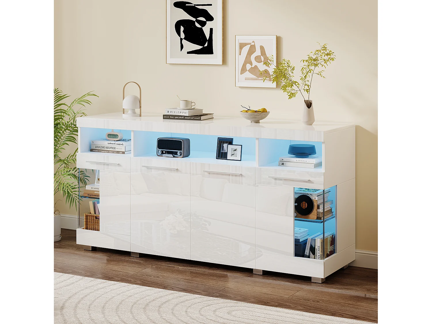 Buffet Moderne LED - 4 portes et 9 compartiments de rangement - MDF + en verre trempé transparent - Blanc
