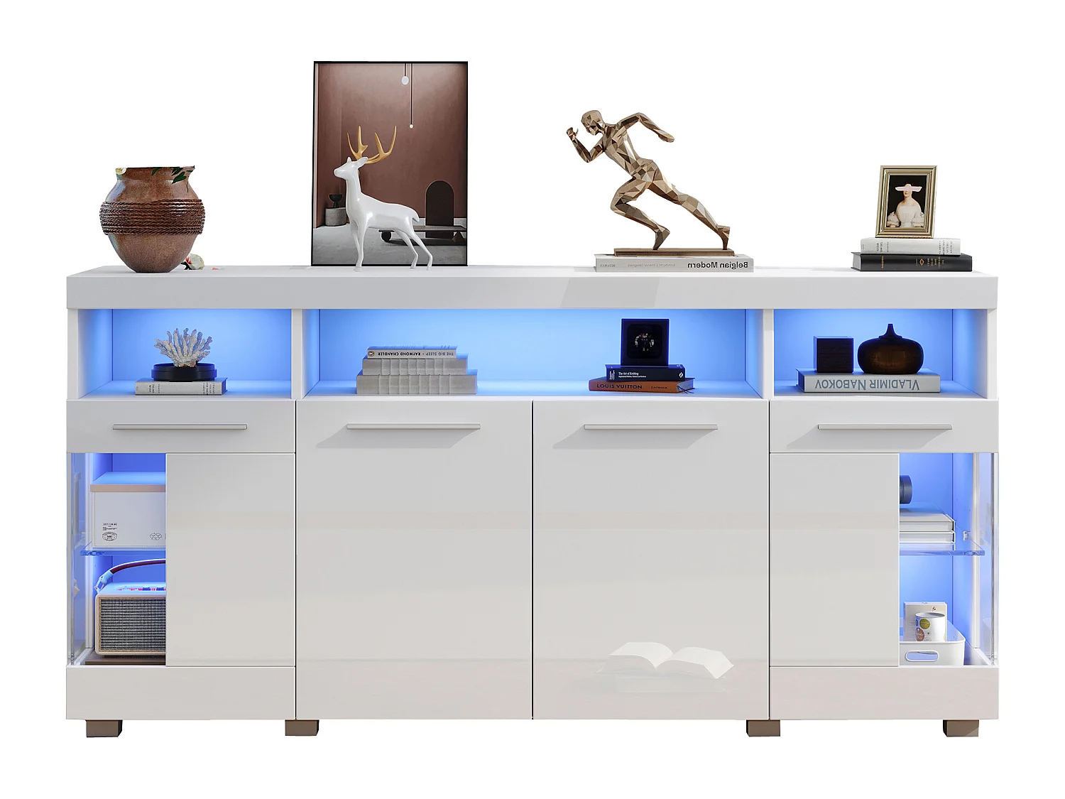 Buffet Moderne LED - 4 portes et 9 compartiments de rangement - MDF + en verre trempé transparent - Blanc