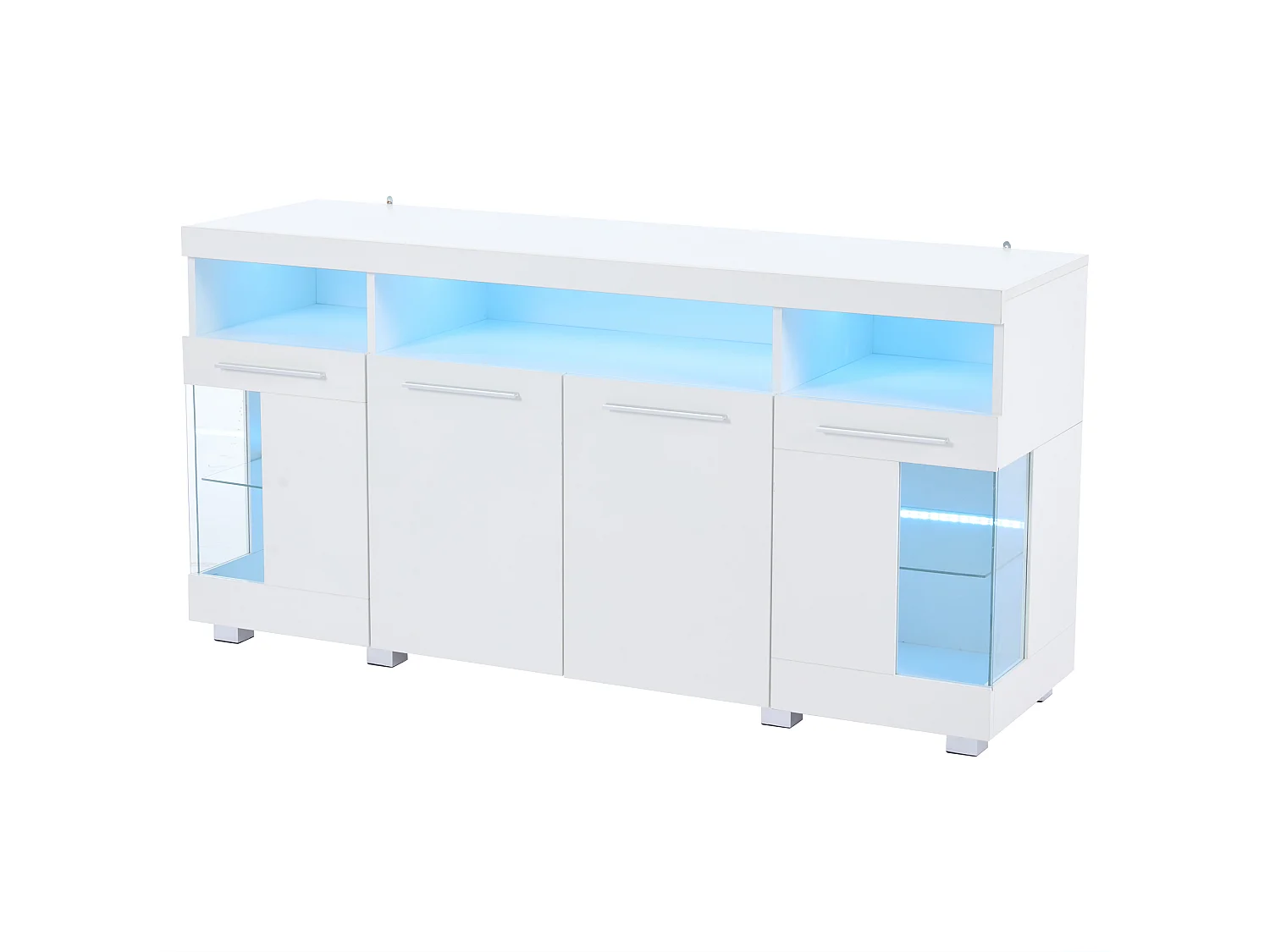 Buffet Moderne LED - 4 portes et 9 compartiments de rangement - MDF + en verre trempé transparent - Blanc