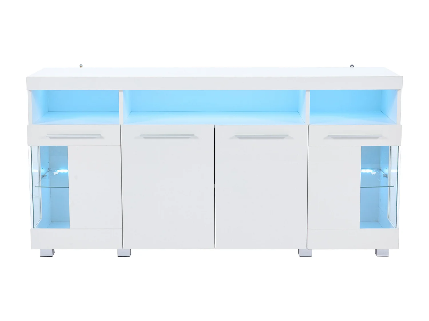 Buffet Moderne LED - 4 portes et 9 compartiments de rangement - MDF + en verre trempé transparent - Blanc