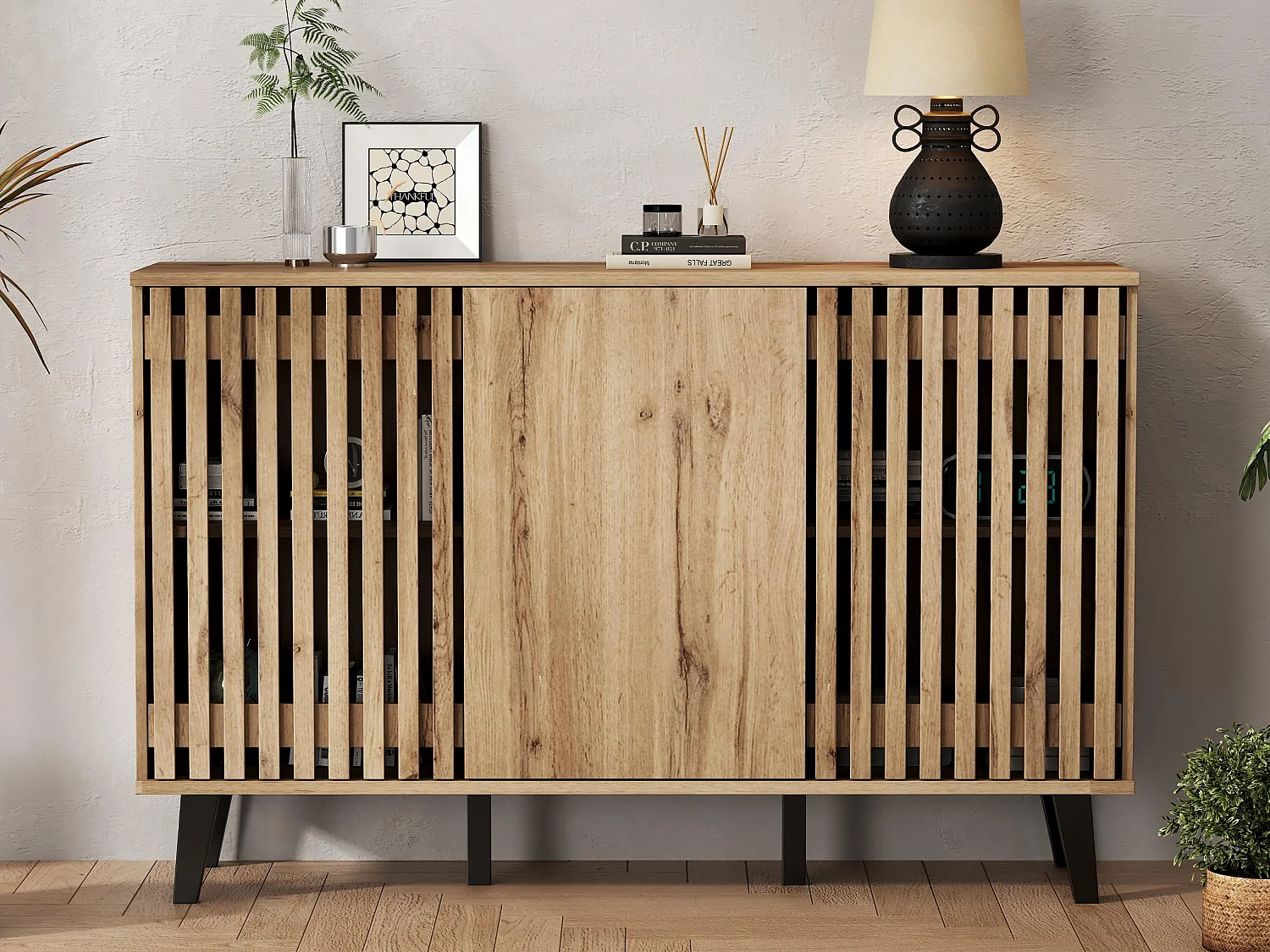 Buffet 150x40x95 cm - 3 portes et 6 compartiments de rangement - Style scandinave - Naturel