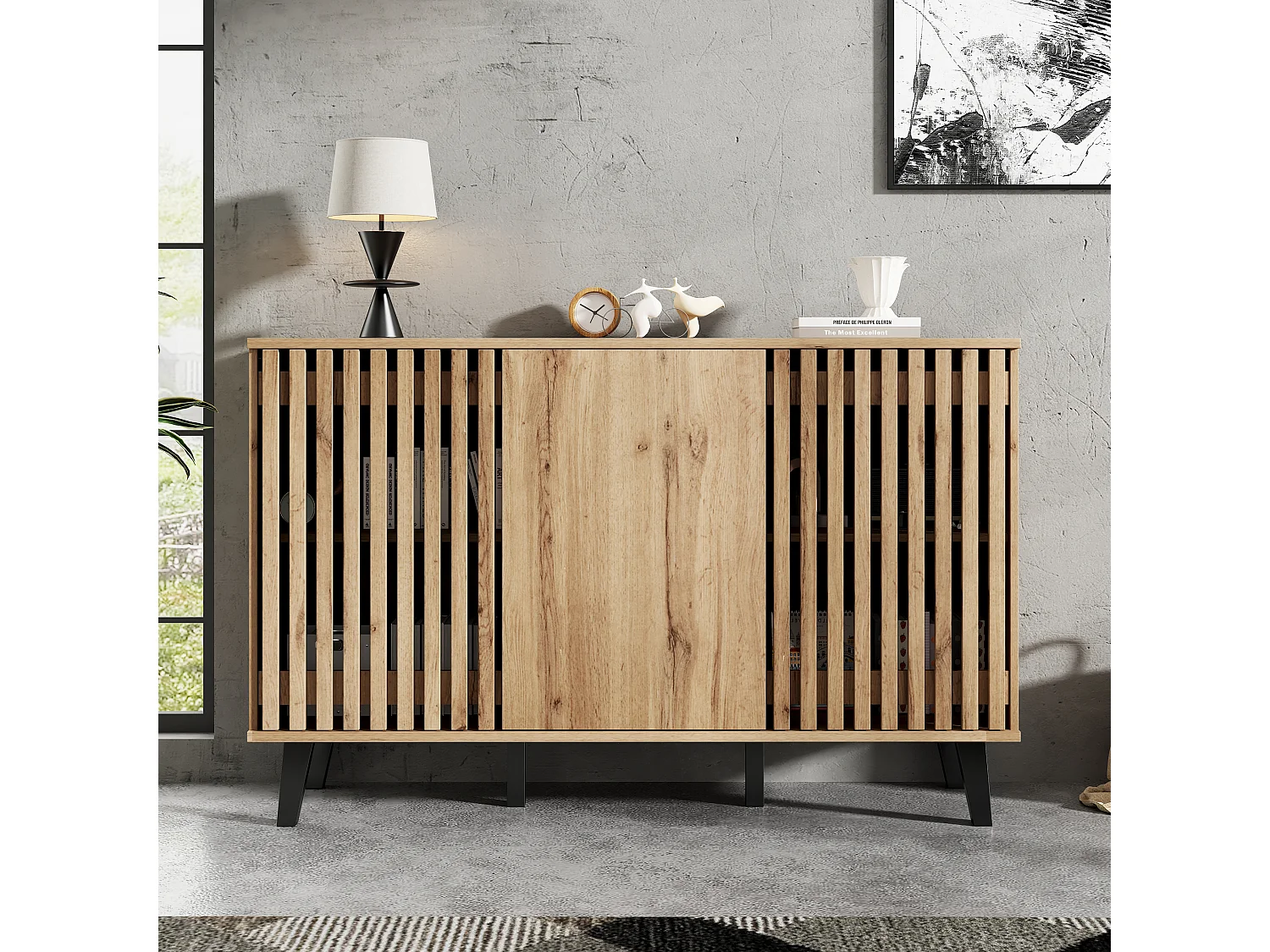 Buffet 150x40x95 cm - 3 portes et 6 compartiments de rangement - Style scandinave - Naturel