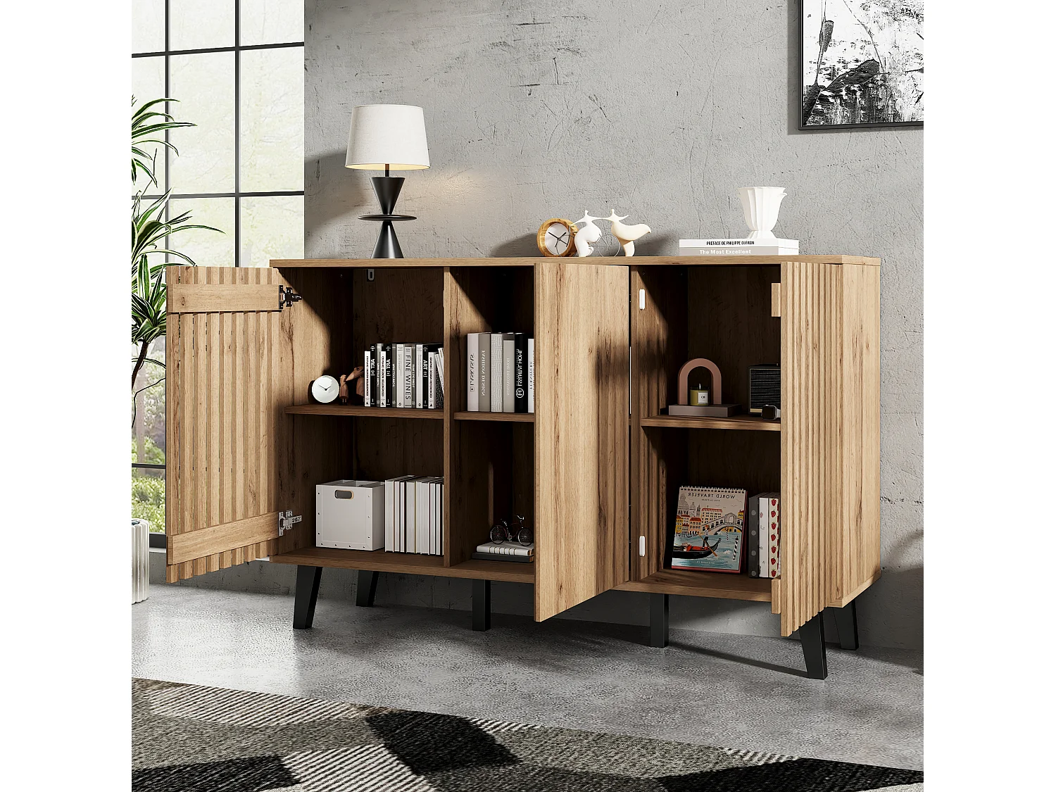 Buffet 150x40x95 cm - 3 portes et 6 compartiments de rangement - Style scandinave - Naturel