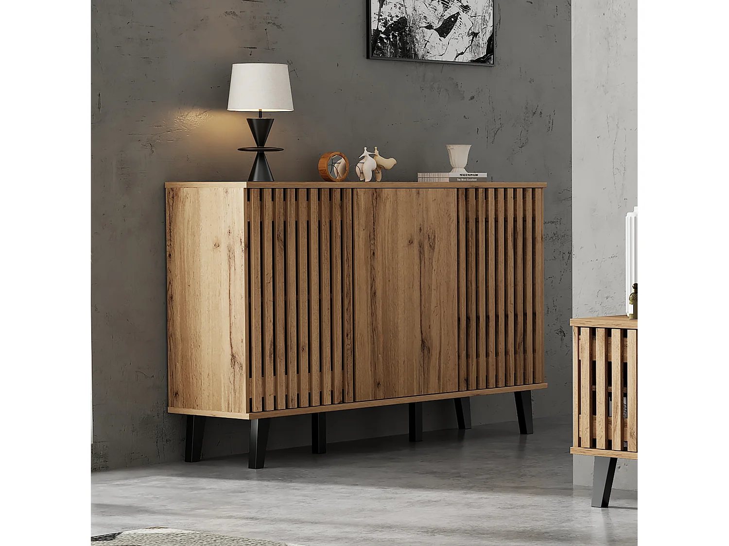Buffet 150x40x95 cm - 3 portes et 6 compartiments de rangement - Style scandinave - Naturel