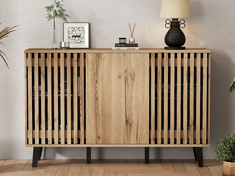 Buffet 150x40x95 cm - 3 portes et 6 compartiments de rangement - Style scandinave - Naturel