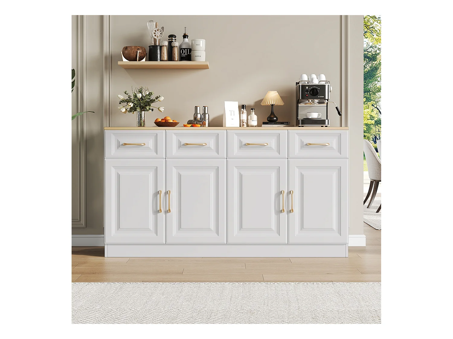 Modernes Sideboard 140x40x75 cm - 4 Schubladen und 4 Türen - Weiß