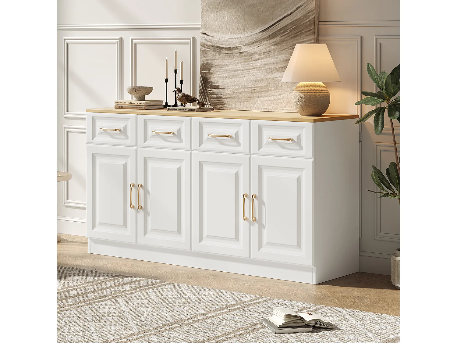 Modernes Sideboard 140x40x75 cm - 4 Schubladen und 4 Türen - Weiß