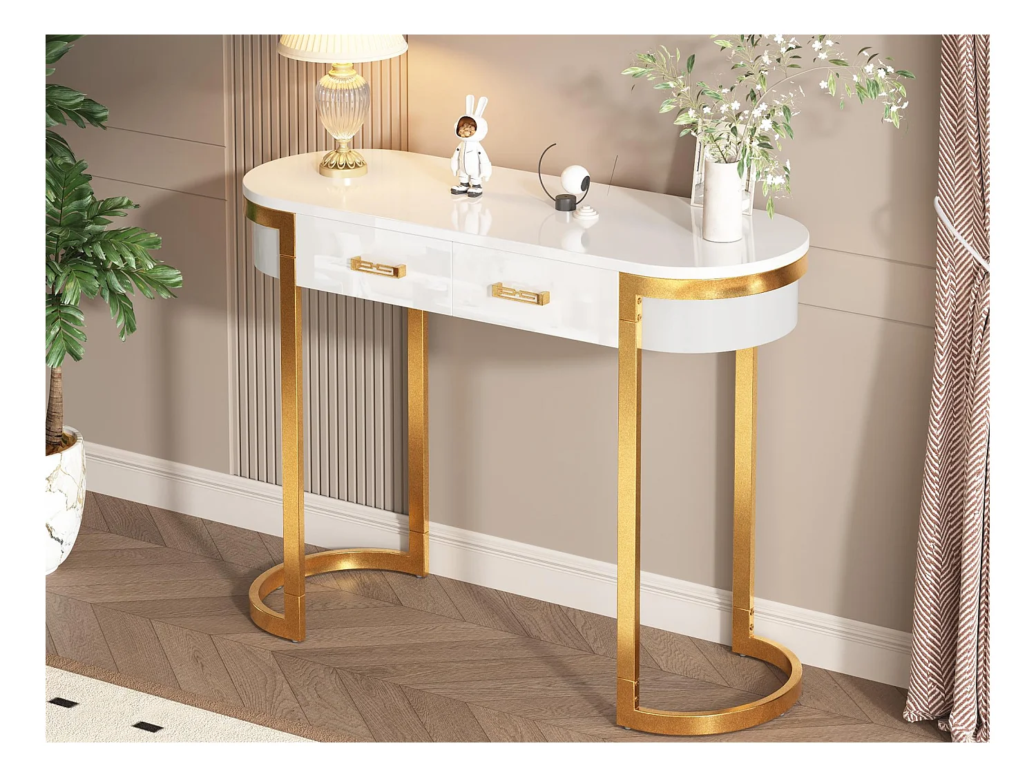 Table console 100x35x77cm - Base dorée - MDF - Blanc + Or