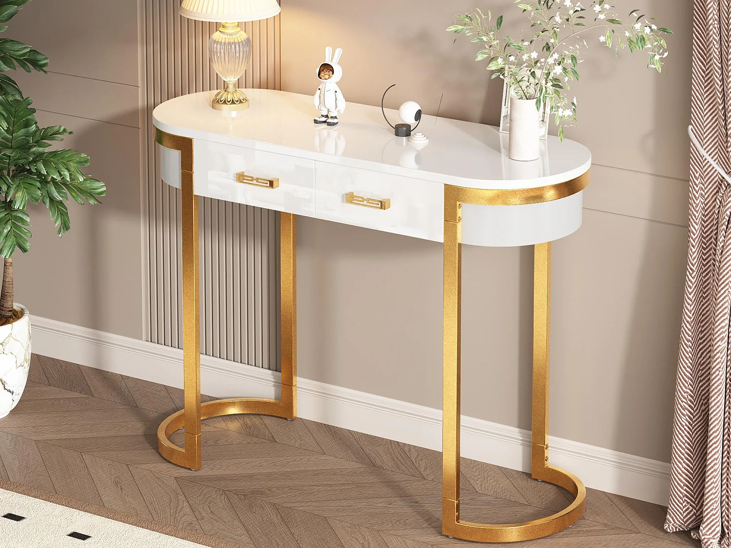 Table console 100x35x77cm - Base dorée - MDF - Blanc + Or