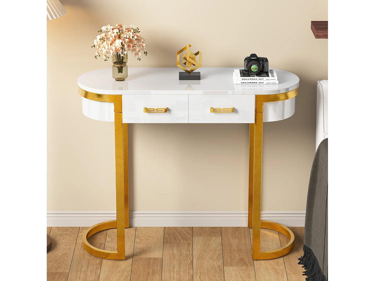 Table console 100x35x77cm - Base dorée - MDF - Blanc + Or