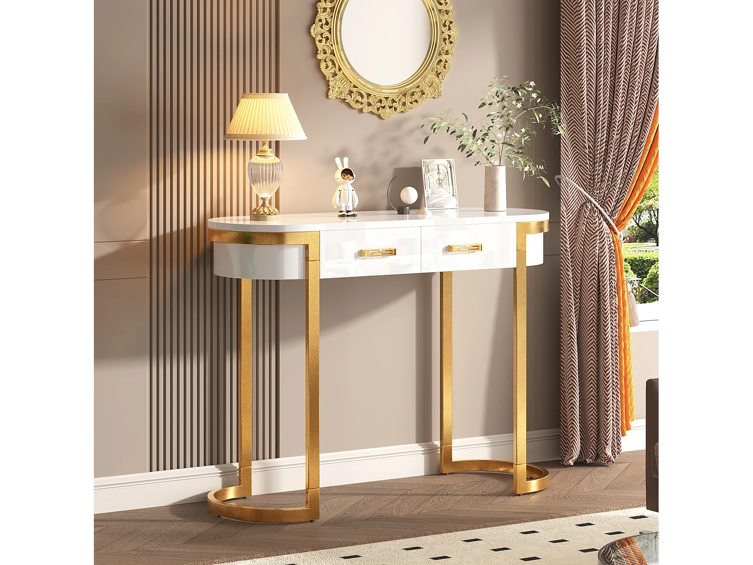 Table console 100x35x77cm - Base dorée - MDF - Blanc + Or