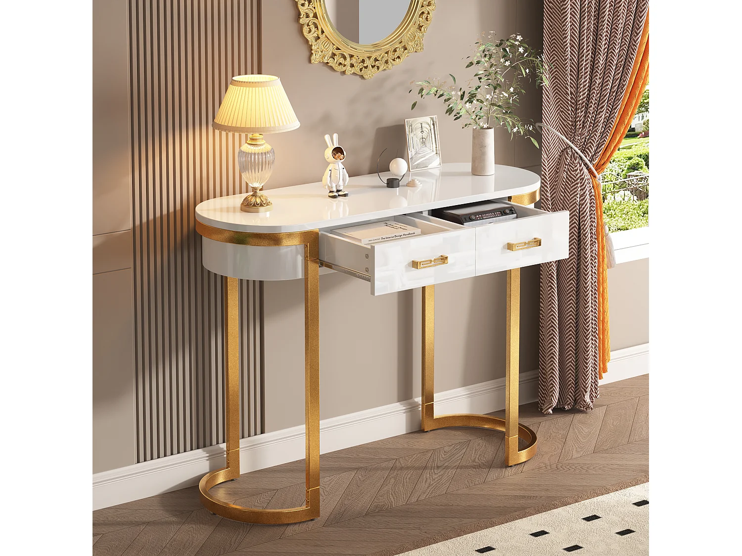 Table console 100x35x77cm - Base dorée - MDF - Blanc + Or
