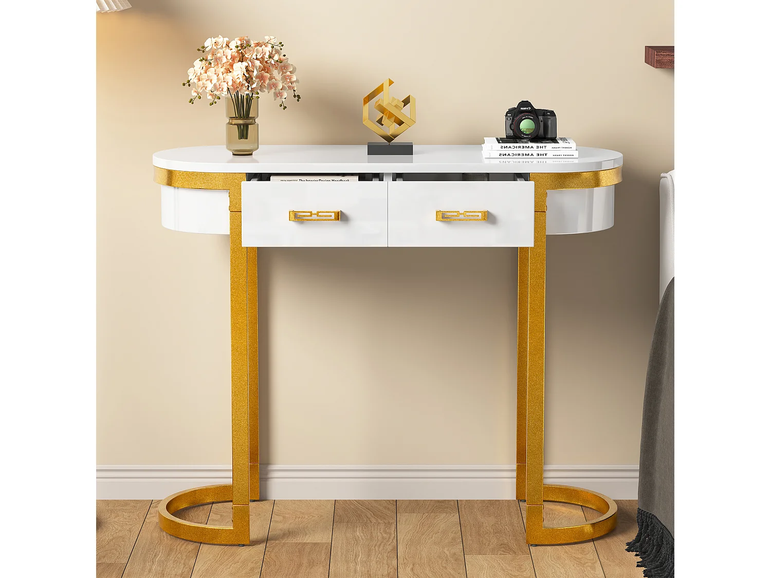 Table console 100x35x77cm - Base dorée - MDF - Blanc + Or