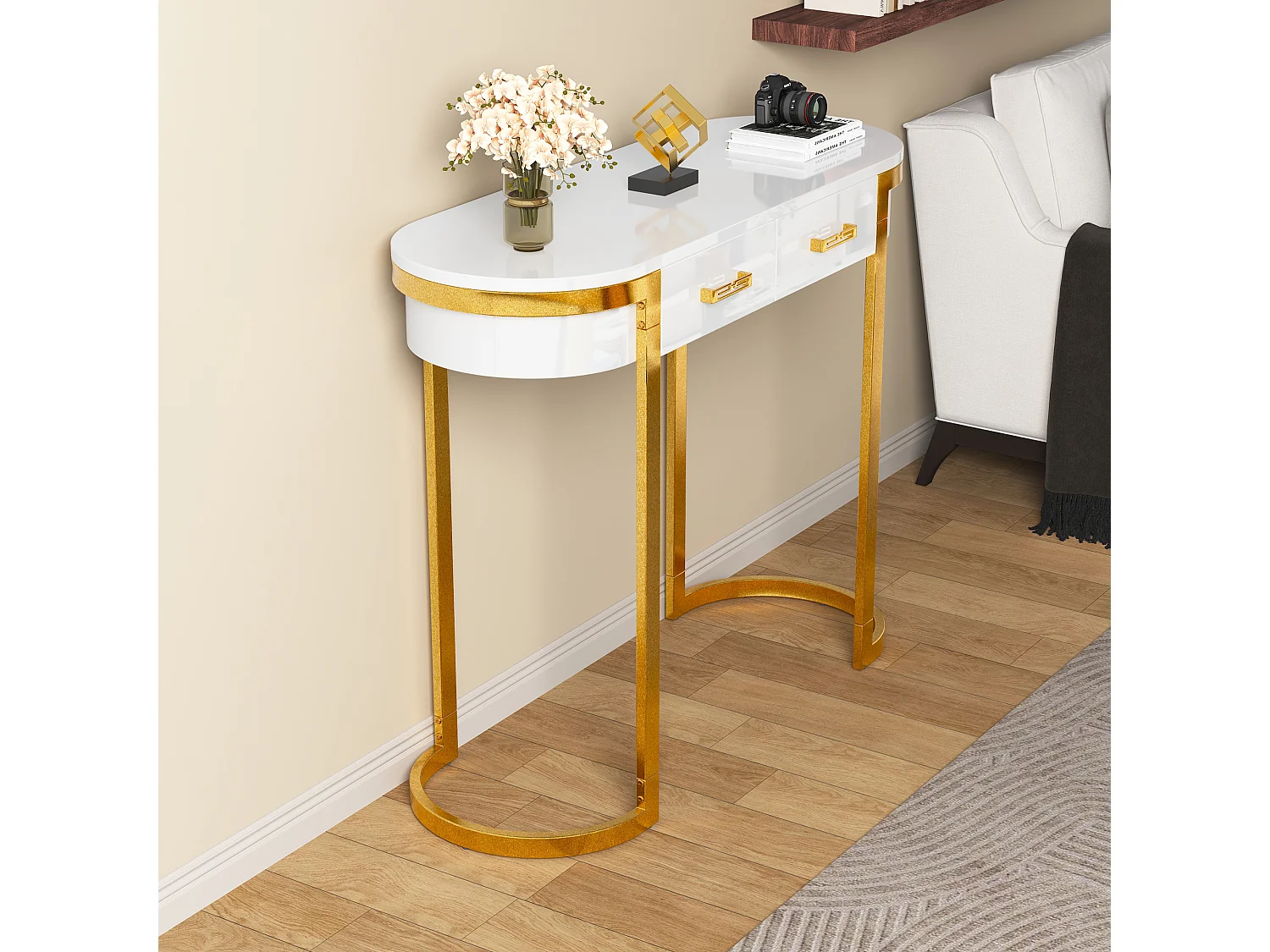 Table console 100x35x77cm - Base dorée - MDF - Blanc + Or