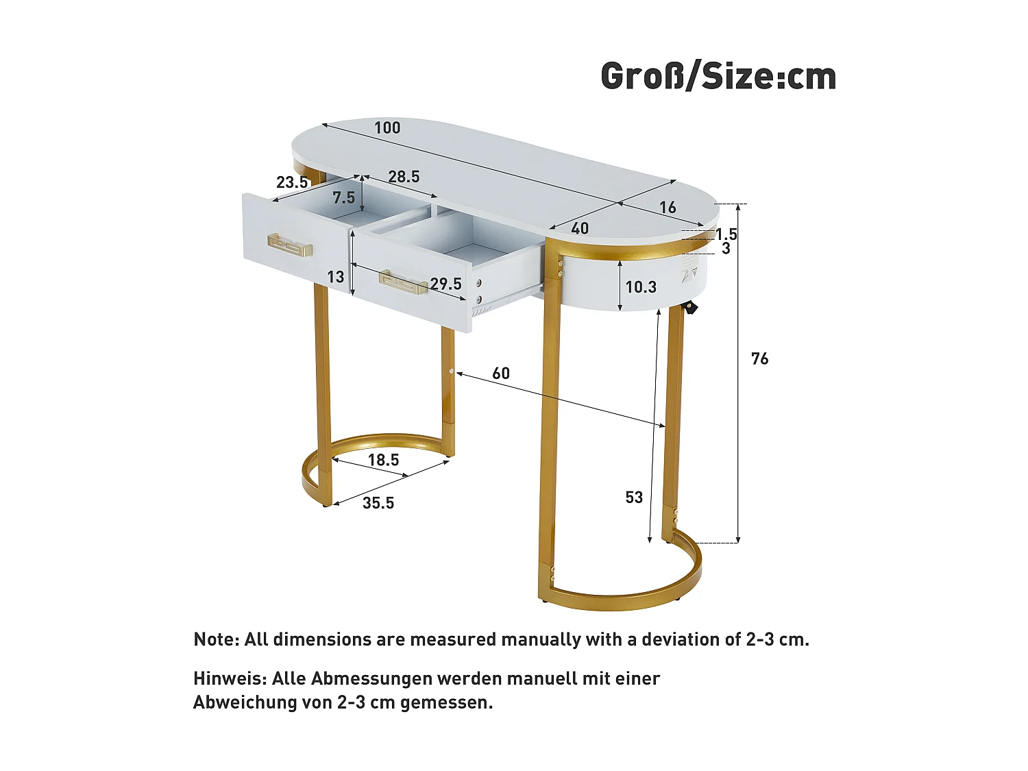 Table console 100x35x77cm - Base dorée - MDF - Blanc + Or