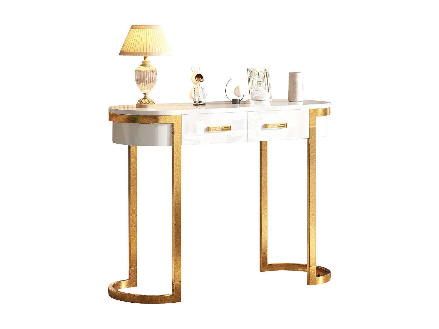 Table console 100x35x77cm - Base dorée - MDF - Blanc + Or