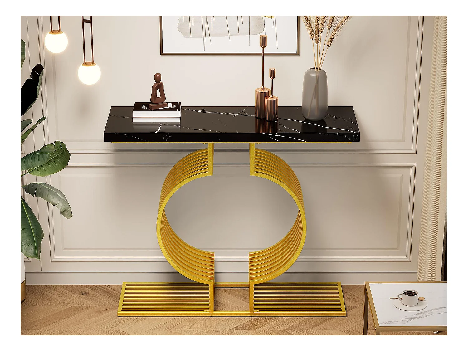Table console 100x30x80cm - Base dorée - MDF - Noir + Or