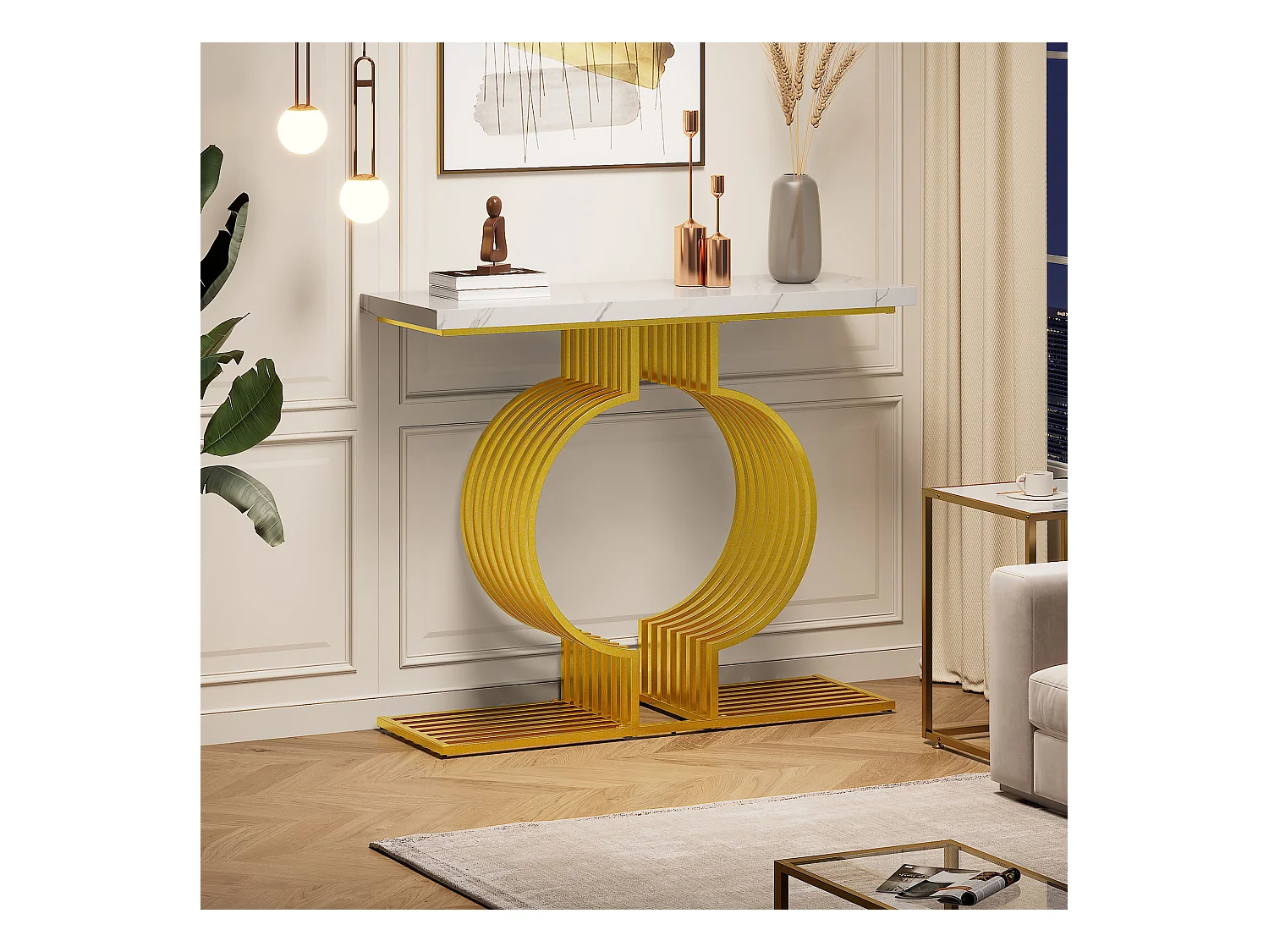 Konsola 100x30x80 cm - Złota podstawa - MDF - Biały + Złoty