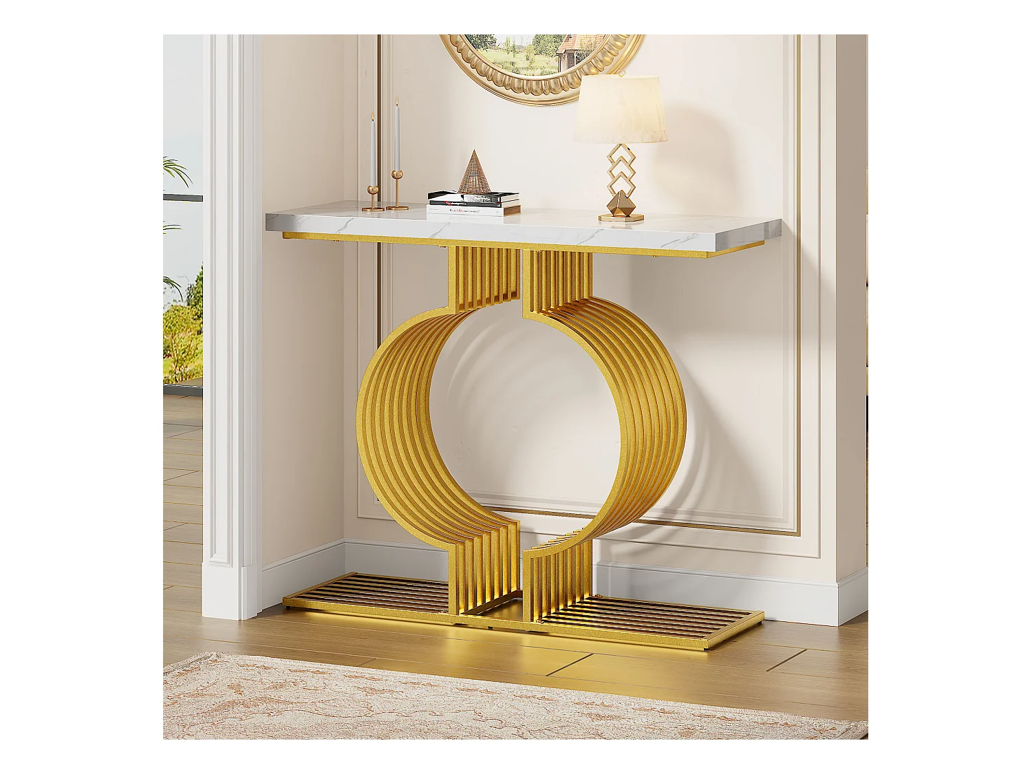 Konsola 100x30x80 cm - Złota podstawa - MDF - Biały + Złoty