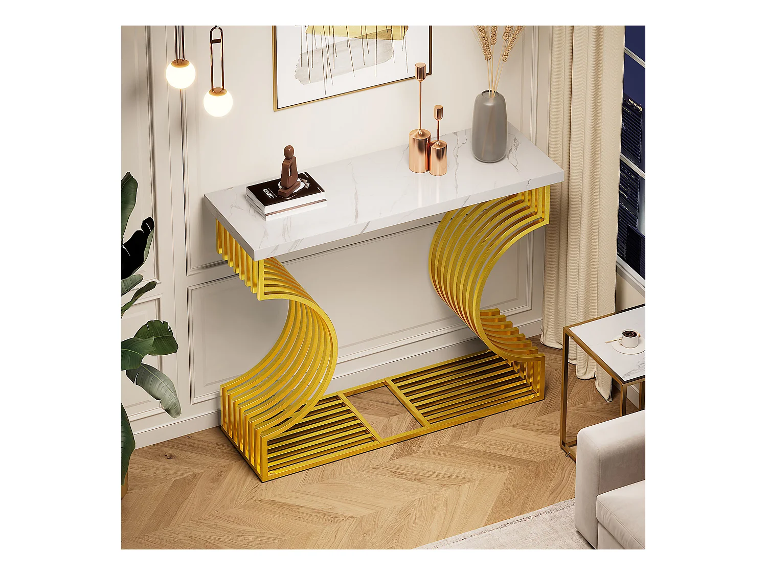 Konsola 100x30x80 cm - Złota podstawa - MDF - Biały + Złoty