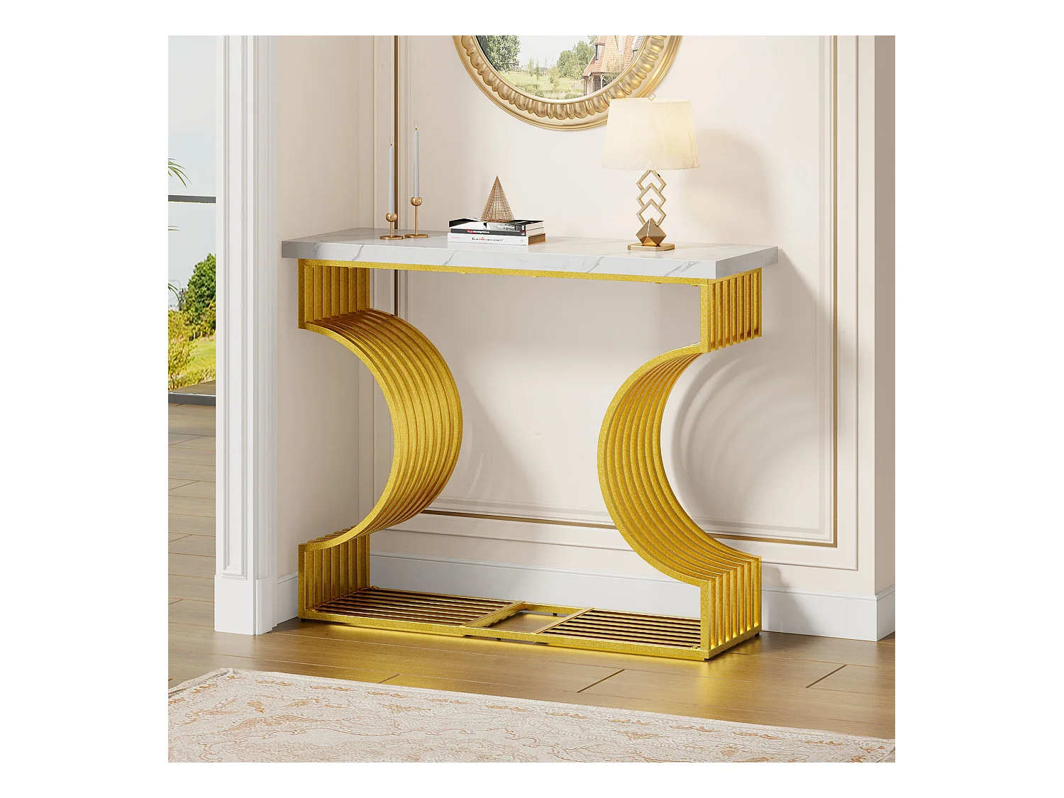 Konsola 100x30x80 cm - Złota podstawa - MDF - Biały + Złoty