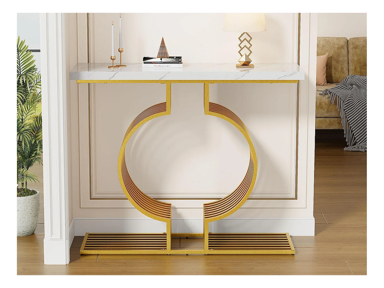 Table console 100x30x80cm - Base dorée - MDF - Blanc + Or