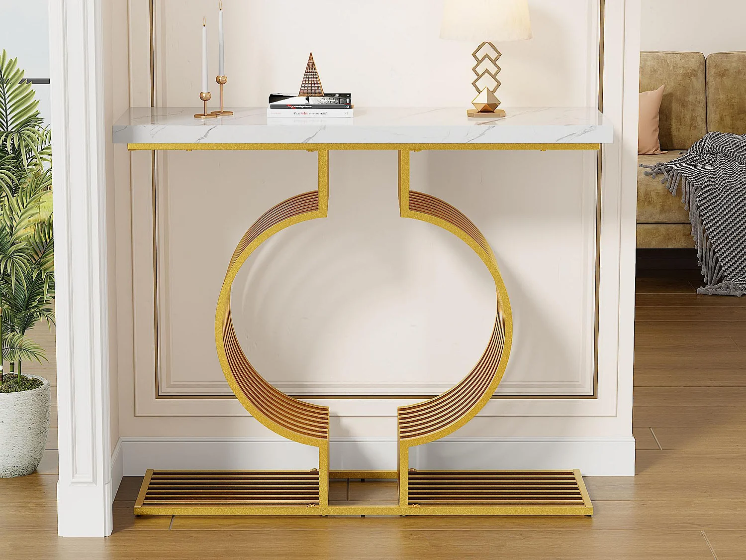 Table console 100x30x80cm - Base dorée - MDF - Blanc + Or