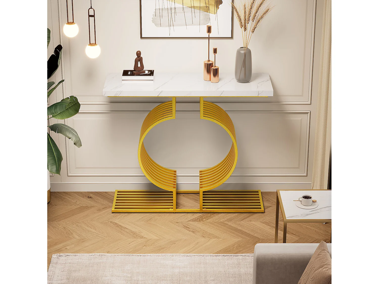 Table console 100x30x80cm - Base dorée - MDF - Blanc + Or
