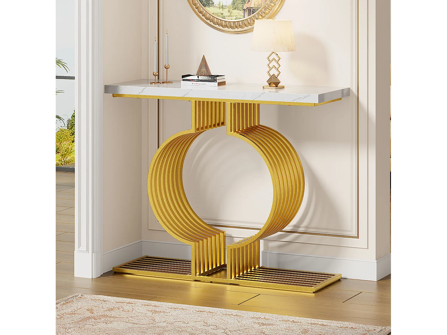 Table console 100x30x80cm - Base dorée - MDF - Blanc + Or