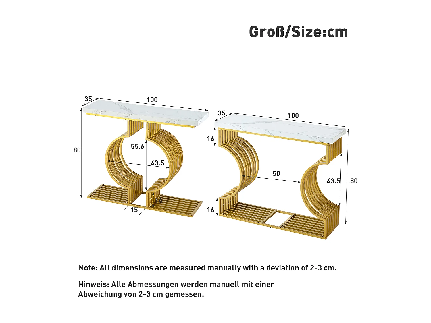Table console 100x30x80cm - Base dorée - MDF - Blanc + Or