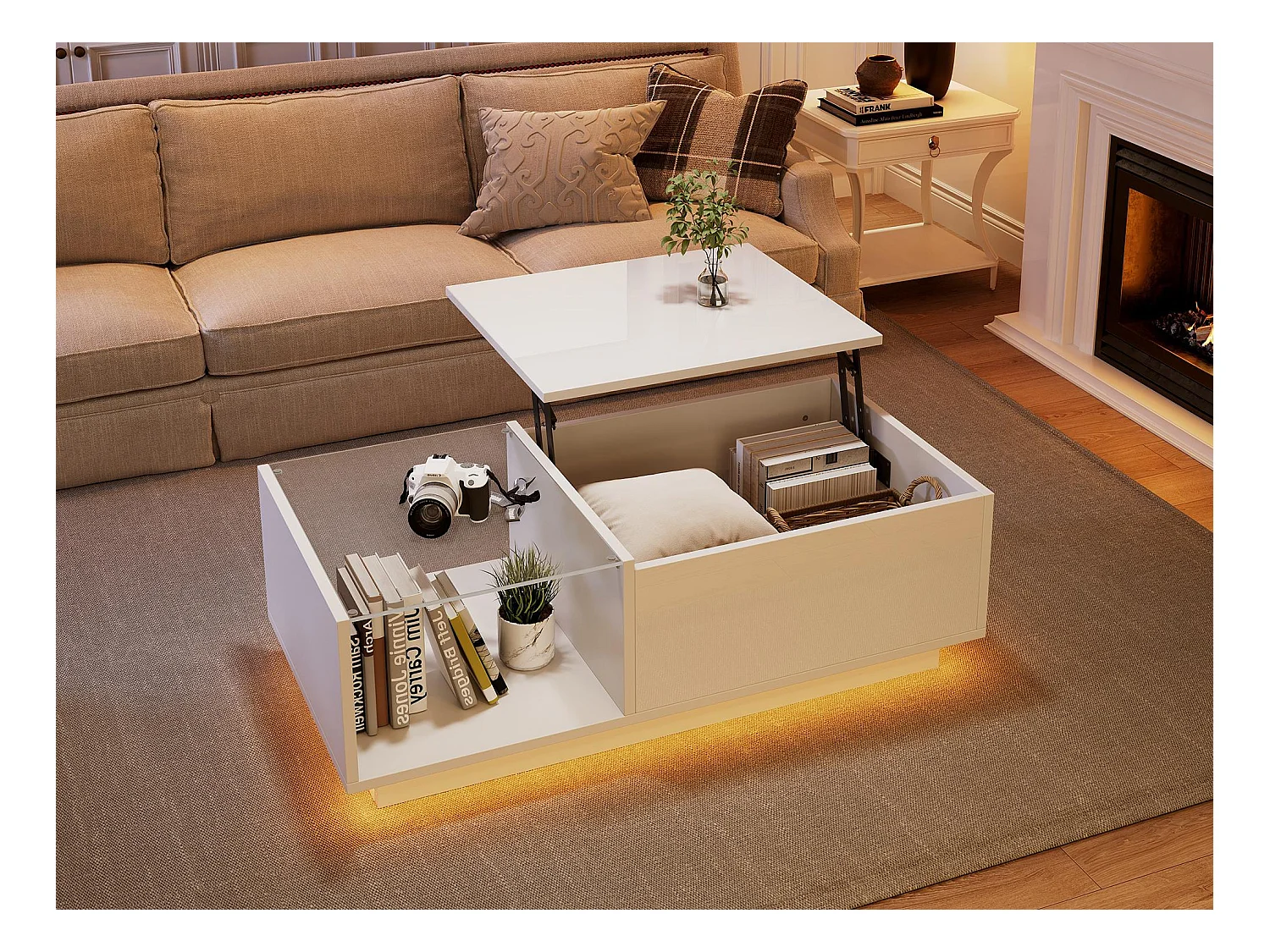 Table basse haute brillance - hauteur réglable - avec rangement + étagères - blanc