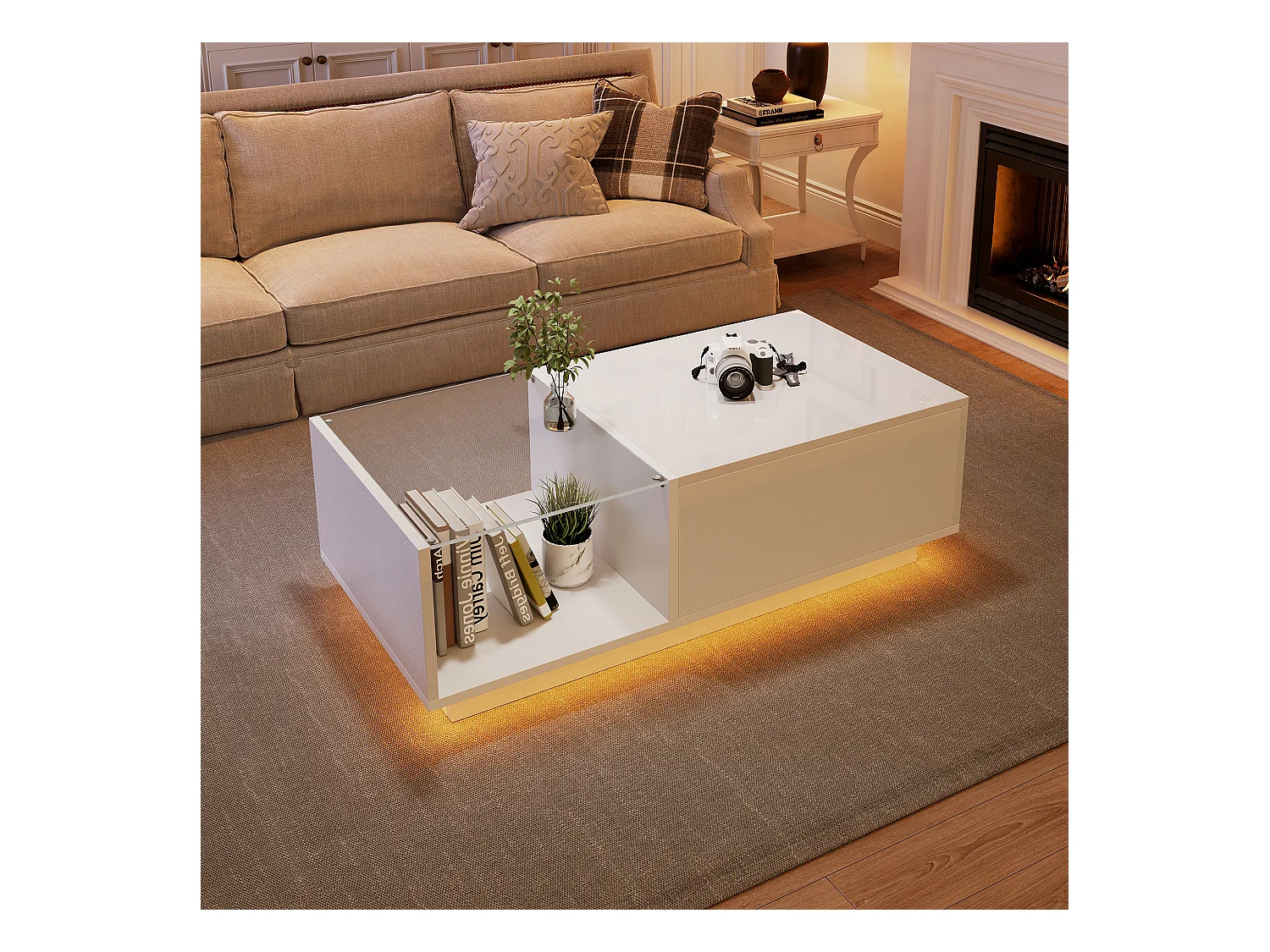 Table basse haute brillance - hauteur réglable - avec rangement + étagères - blanc