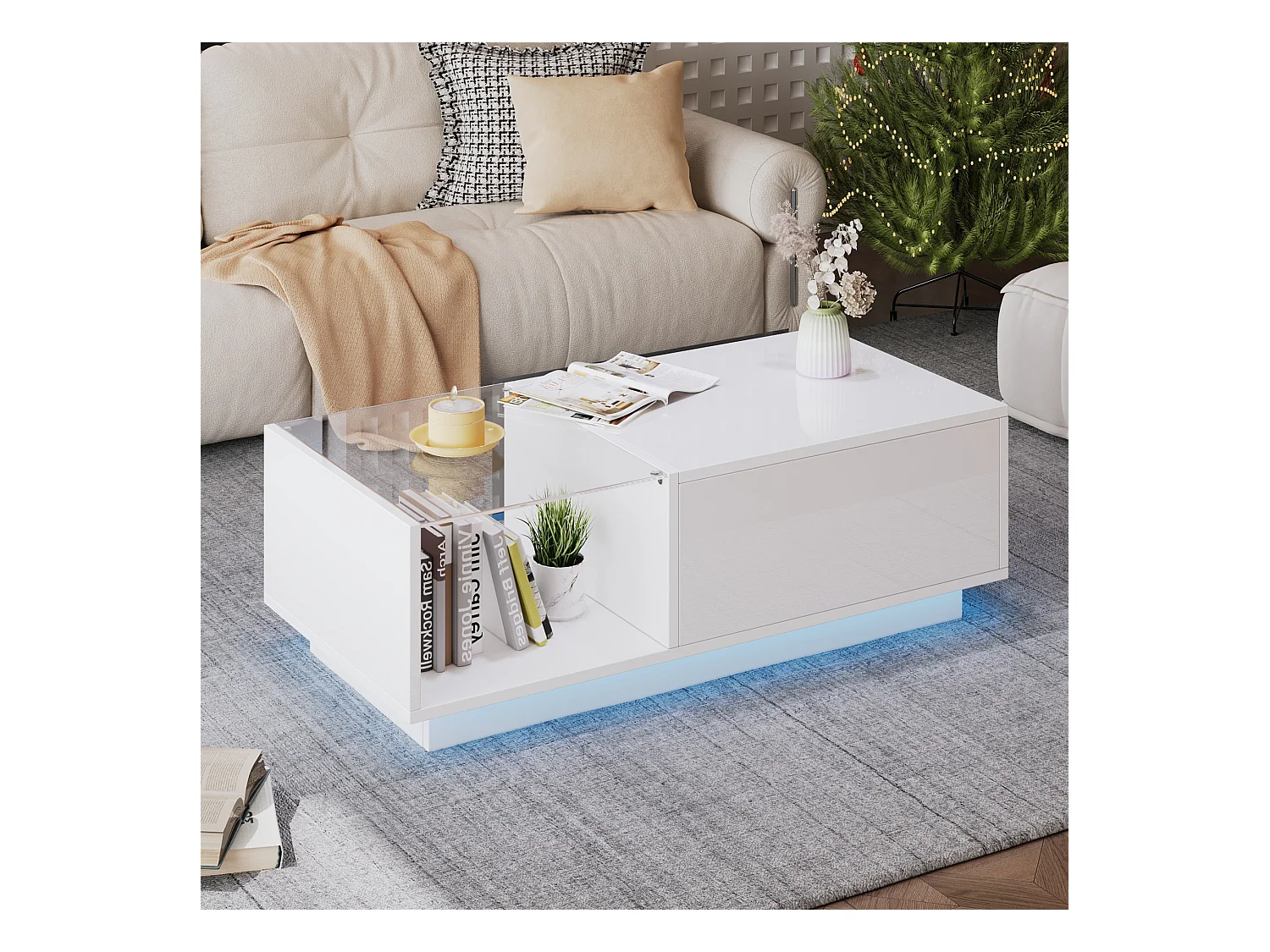 Table basse haute brillance - hauteur réglable - avec rangement + étagères - blanc