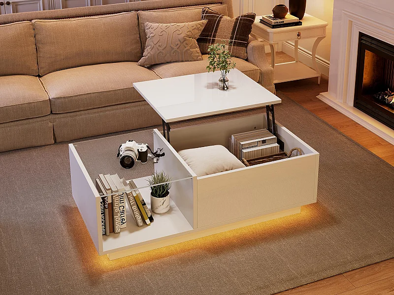 Table basse haute brillance - hauteur réglable - avec rangement + étagères - blanc