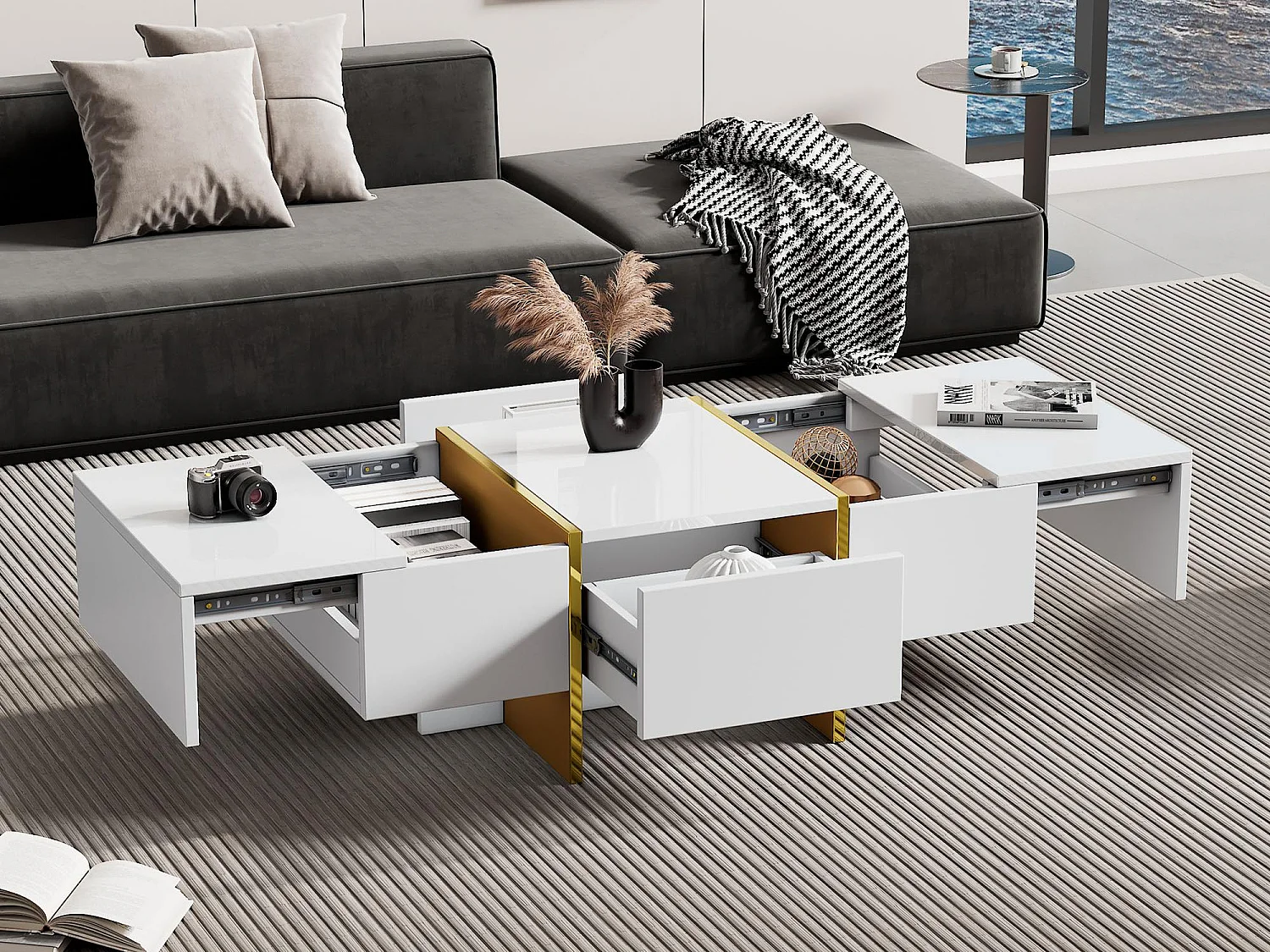 Table basse moderne 100x50x35 cm - Avec 4 tiroirs - Blanc