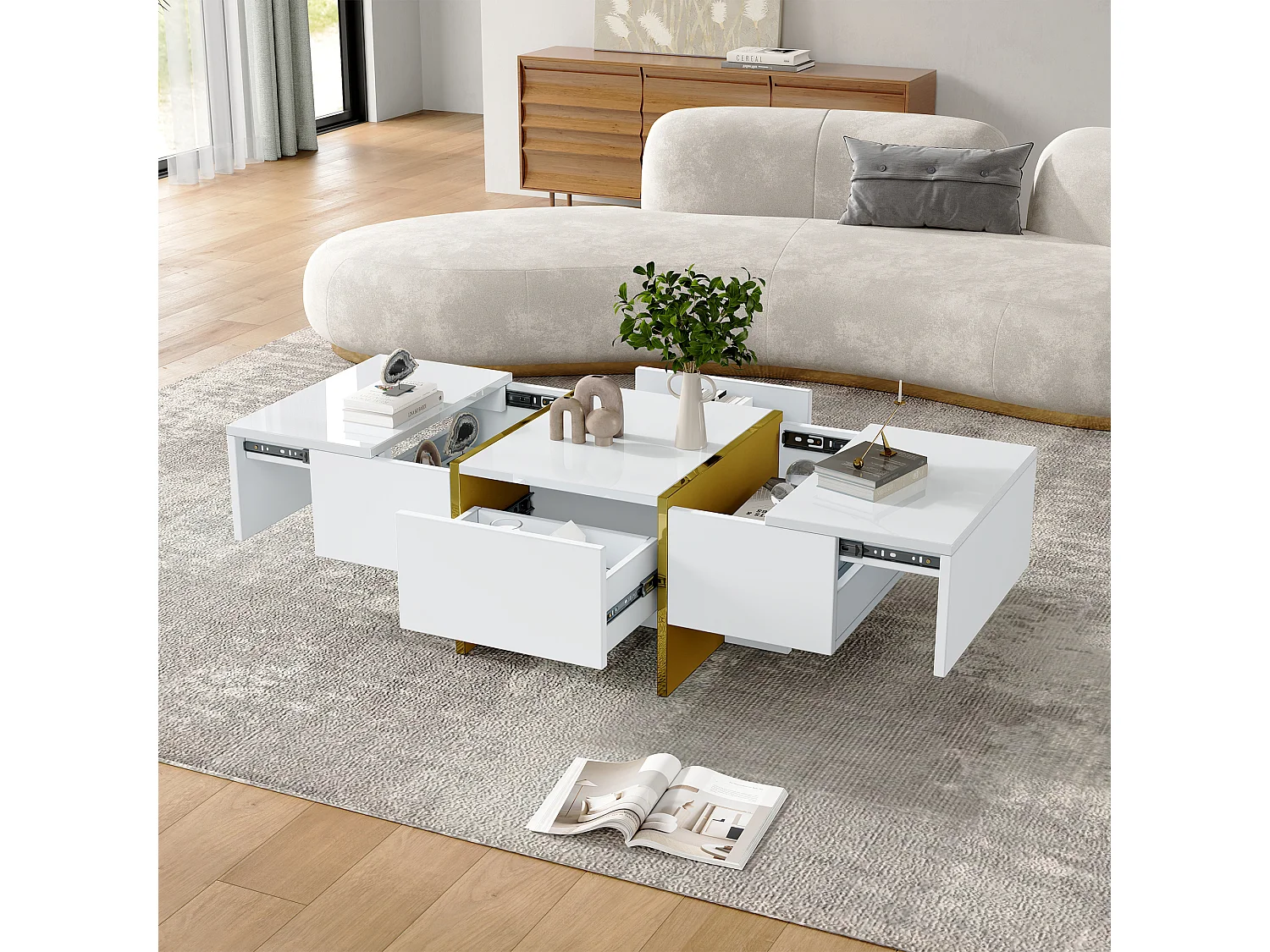 Table basse moderne 100x50x35 cm - Avec 4 tiroirs - Blanc