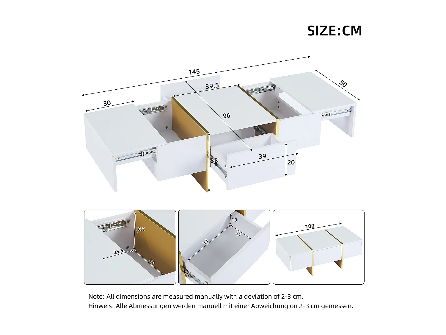 Table basse moderne 100x50x35 cm - Avec 4 tiroirs - Blanc