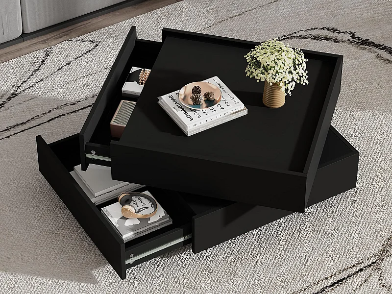 Beistelltisch 60x60x38 cm - drehbar 360° - mit 2 Schubladen - schwarz