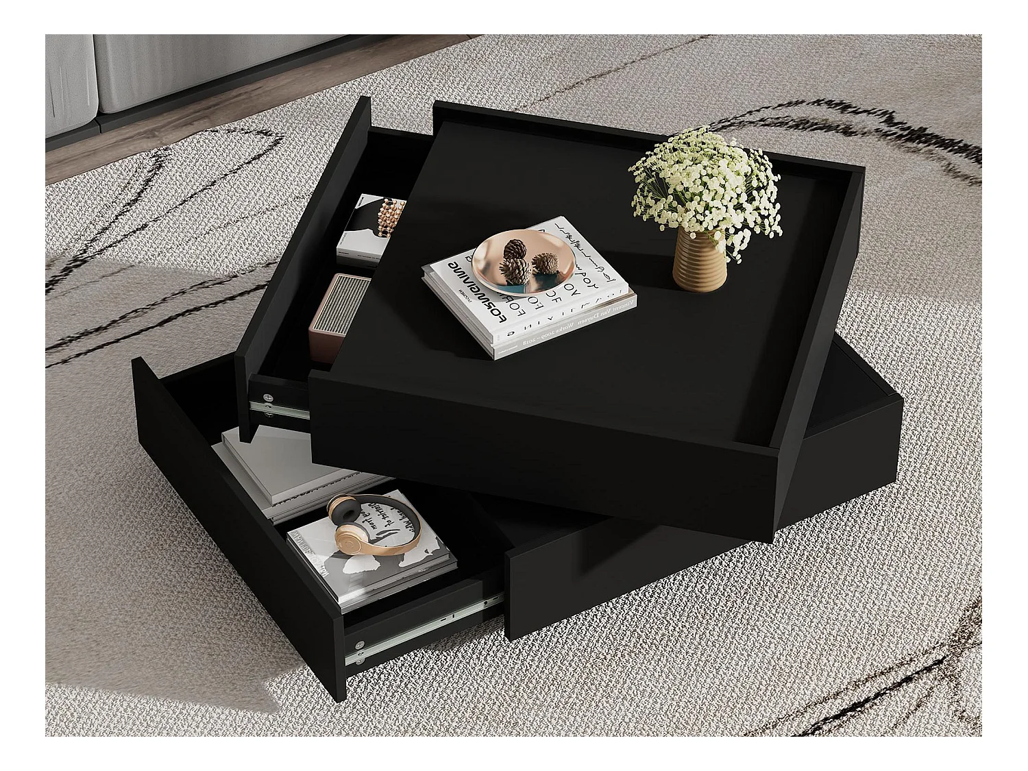 Table basse 60x60x38 cm - pivotante à 360° - avec 2 tiroirs - noir