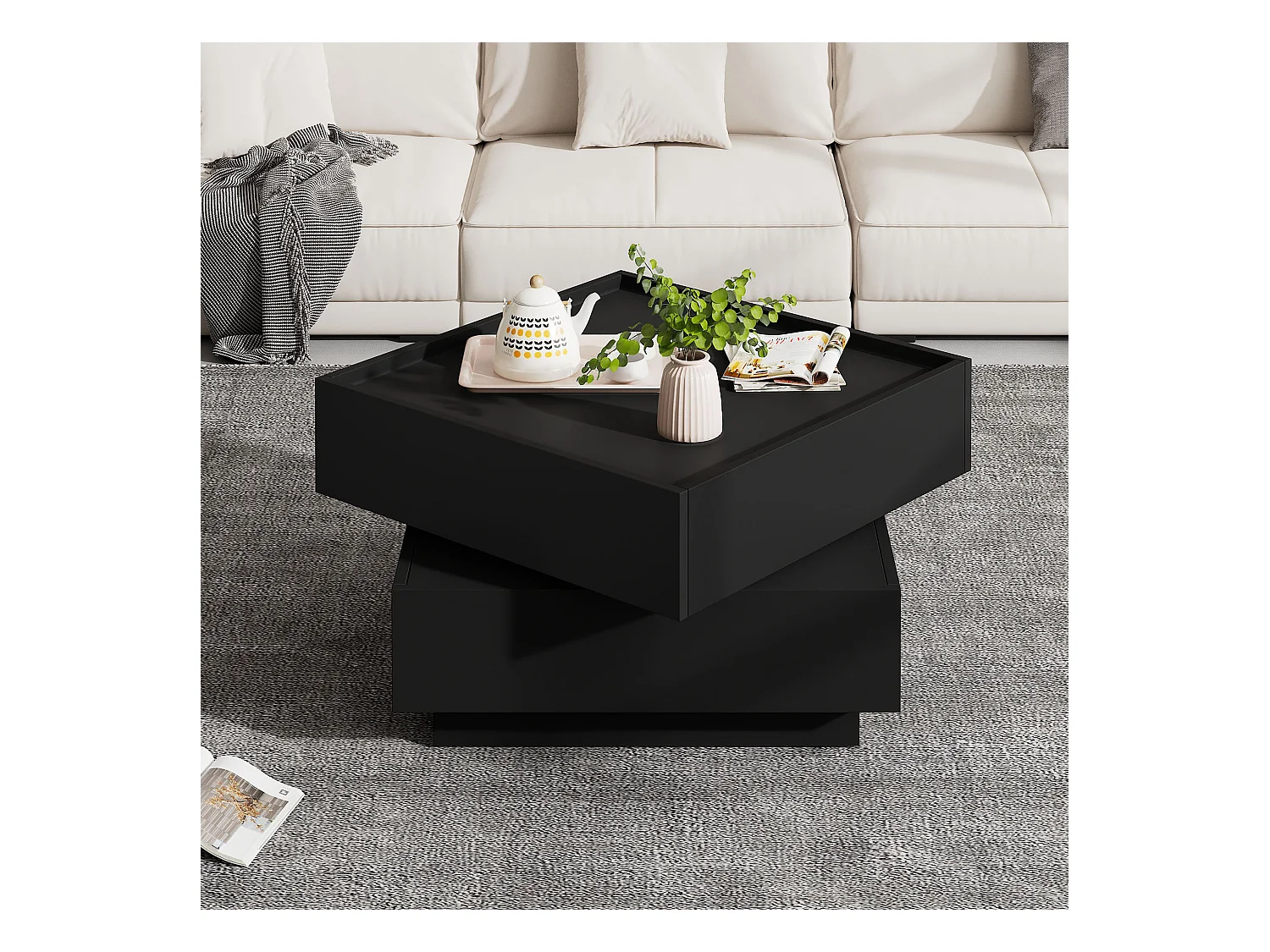 Table basse 60x60x38 cm - pivotante à 360° - avec 2 tiroirs - noir