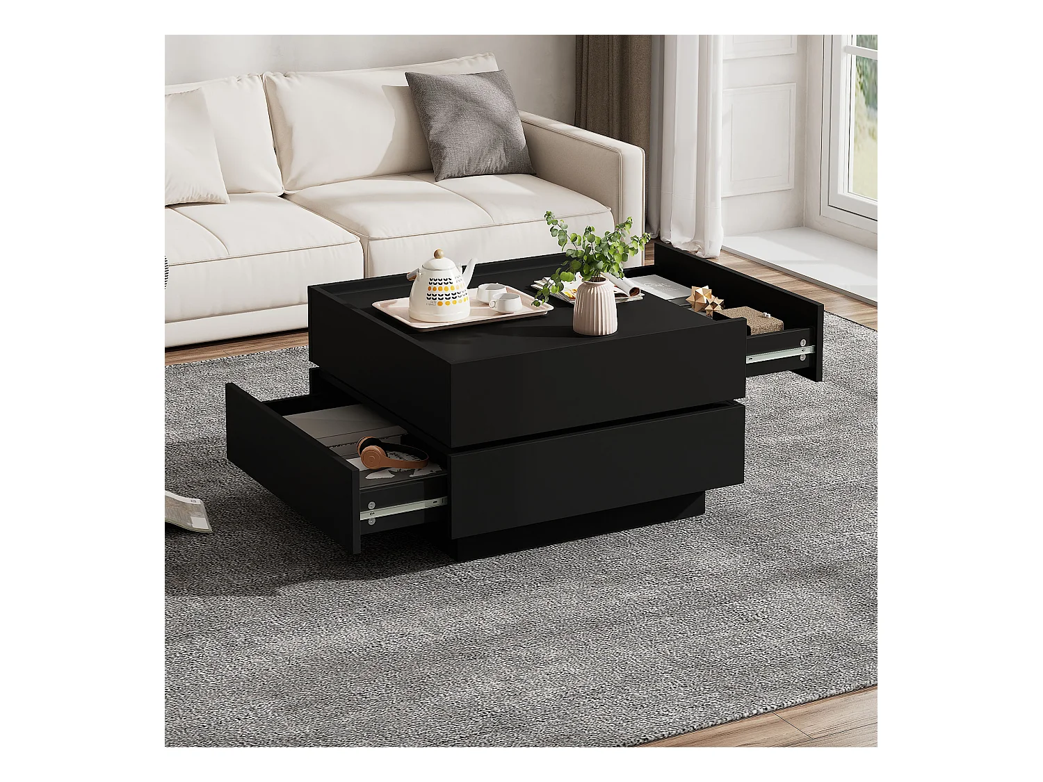 Table basse 60x60x38 cm - pivotante à 360° - avec 2 tiroirs - noir