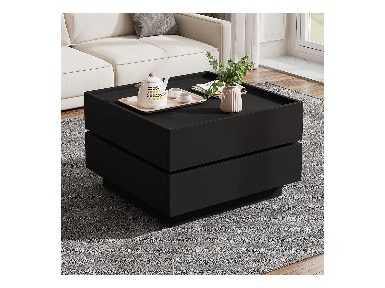 Table basse 60x60x38 cm - pivotante à 360° - avec 2 tiroirs - noir