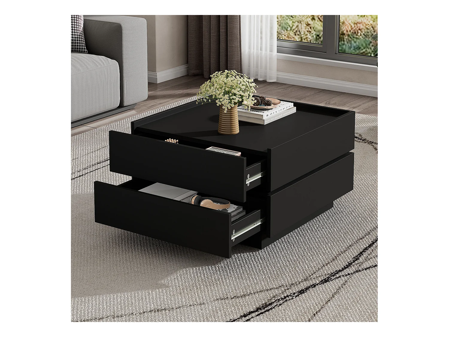 Table basse 60x60x38 cm - pivotante à 360° - avec 2 tiroirs - noir